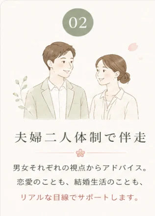 理由02 夫婦二人体制で伴走 — 男女それぞれの視点からアドバイス。恋愛のことも、結婚生活のことも、リアルな目線でサポートします。